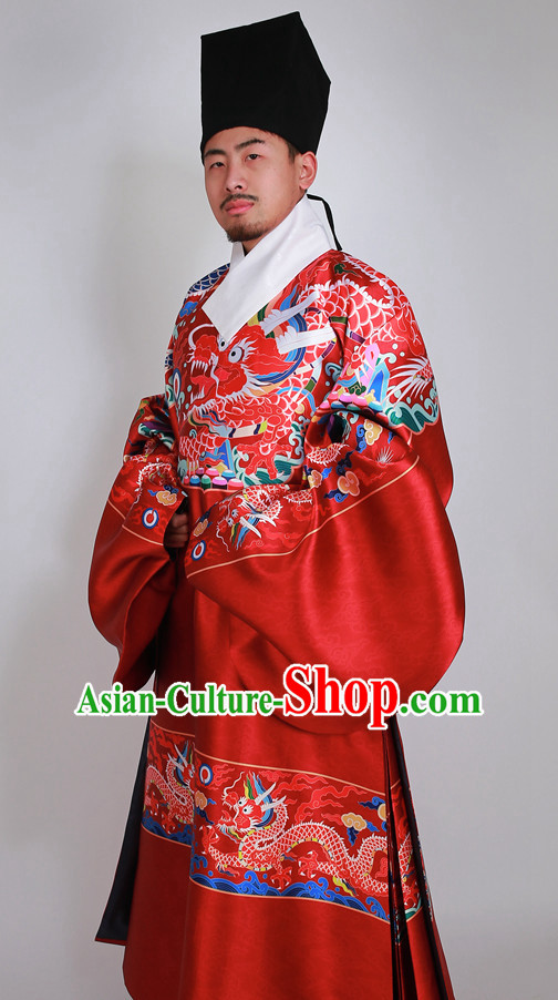 Ancient Chinese Wedding Bridal Clothing and Hat Complete Set for Men