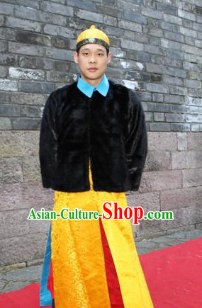 Asian Chinese Emperor Long Dresses Hanfu Costume Clothing Chinese Robe Chinese Kimono and Hat Complete Set for Men