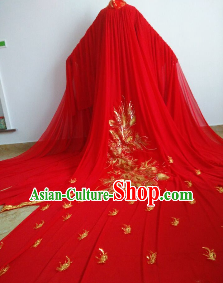 Long Trail Chinese Ancient Red Phoenix Wedding Dress Complete Set for Women
