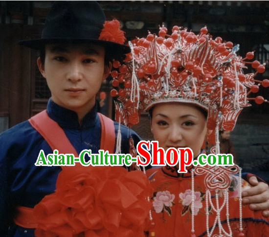 Chinese Traditional Classical Wedding Hairstyles Black Hat and Phoenix Coronet for Men and Women