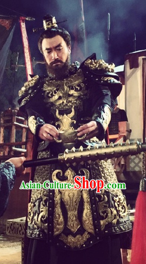 Ancient Chinese Style Emperor Armor Costumes Dress Authentic Clothes Culture Han Dresses Traditional National Dress Clothing and Headdress Complete Set