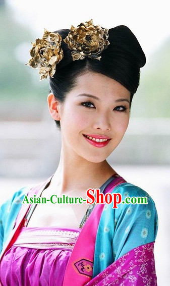 Ancient Chinese Style Palace Princess Black Long Wigs and Headdress Set