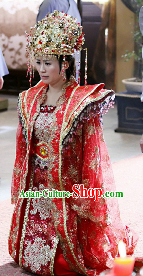 Traditional Chinese Ancient Style Princess Wedding Dresses Clothing and Phoenix Hat Complete Set for Women