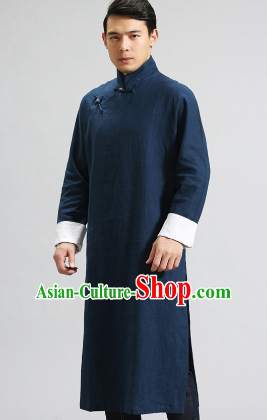 Deep Blue Long Minguo Style Male Mandarin Robe for Men or Boys