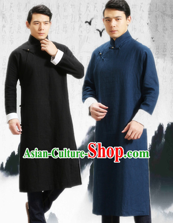 Deep Blue Long Minguo Style Male Mandarin Robe for Men or Boys