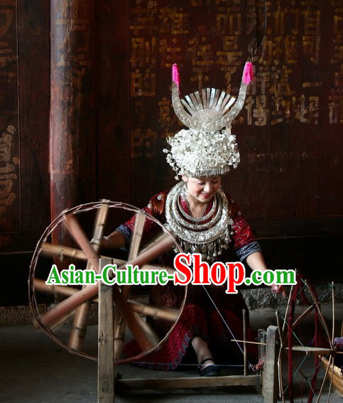 Chinese Traditional Miao Ethnic Clothing and Silver Hat Complete Set for Women or Girls