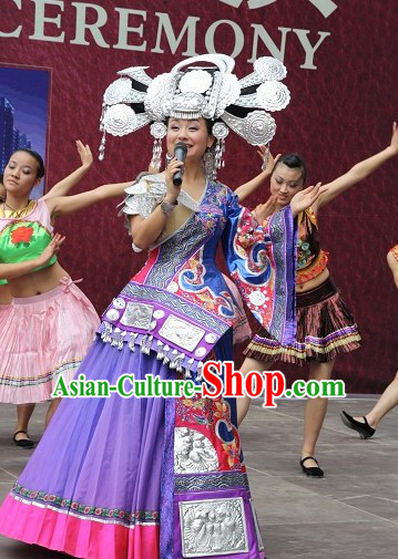 Top Chinese Traditional Miao Ethnic Garment and Hat Complete Set for Women or Girls
