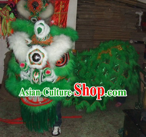 Top Green White Eyebrow Chinese Traditional 100_ Natural Long Futsan Style Lion Dance Costumes Complete Set