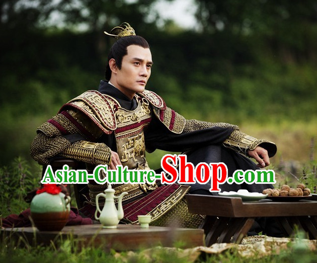 Chinese Ancient General Armor Costume and Hair Accessories Complete Set for Men
