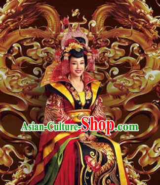 Tang Dynasty Chinese Traditional Ancient Empress Costumes Garment and Hair Jewelry Complete Set for Women Girls