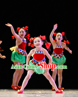Chinese Traditional Folk Fan Dance Costumes Complete Set for Kids Girls