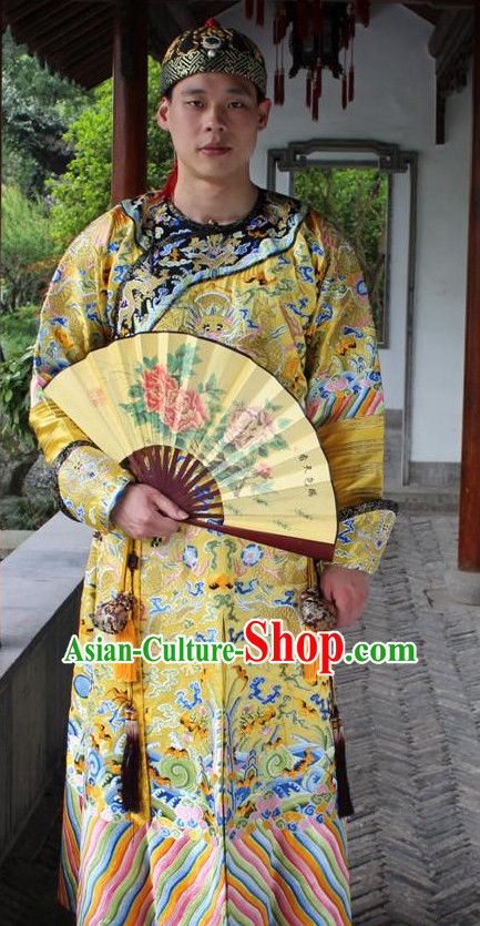 Qing Dynasty Chinese Emperor Embroidered Dragon Robe Hanfu Dresses Garment and Crown Complete Set for Men