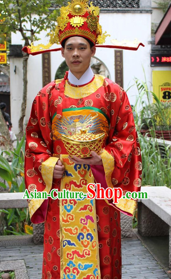 Top Chinese Cai Shen Money God Costume Costumes and Cai Shen Ye Hat Complete Set for Boys Children Kids