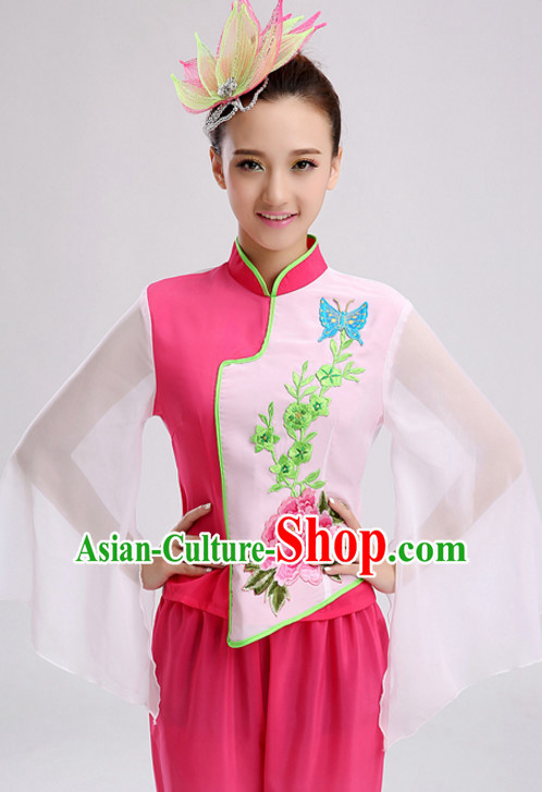 Pink Chinese Folk Fan Dancing Costumes and Headdress Complete Set for Women
