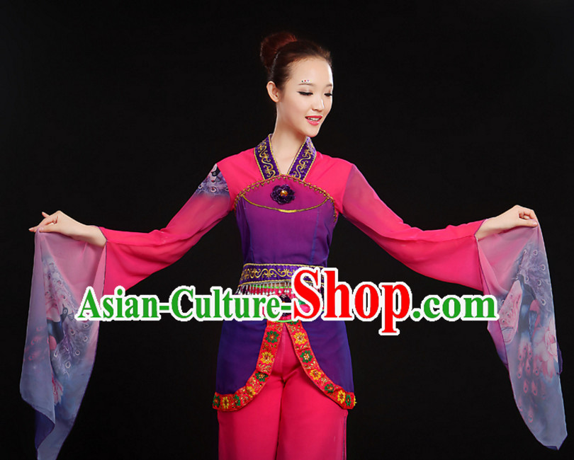 Chinese Water Sleeve Classical Dance Costumes Dancewear and Hair Decorations Complete Set for Women or Girls