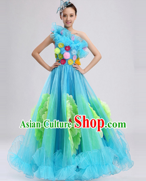 Blue Chinese Folk Peony Flower Dance Costumes and Headdress Complete Set for Women