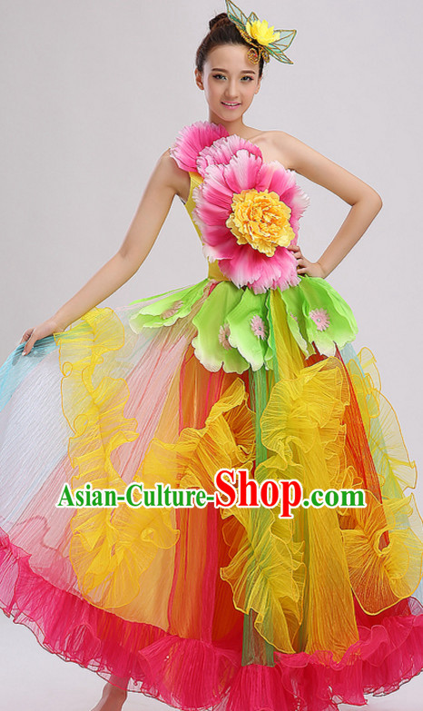 Yellow Chinese Folk Peony Flower Dance Costumes and Headdress Complete Set for Women