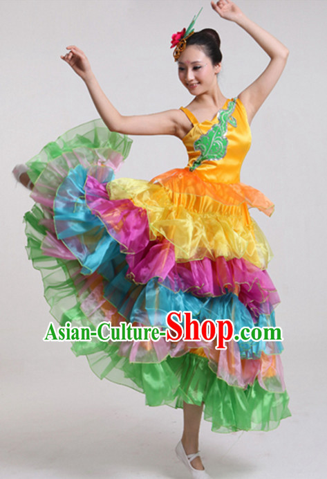 Chinese Stage Performance Ballroom Dance Costumes and Headdress Complete Set for Women Girls