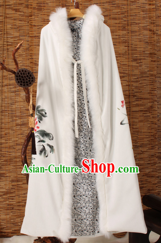 Traditional Chinese Style Long Mantle Cape with Hands Painted Peony