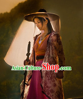 Ancient Chinese Kung Fu Lady Costumes and Hat Complete Set for Girls Women