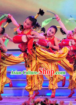 Chinese Stage Performance Drum Dance Costumes Complete Set for Kids