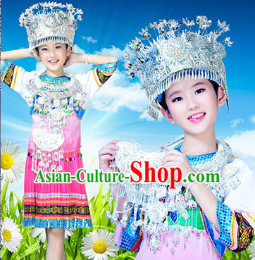 Chinese Hmong Folk Dance Ethnic Wear China Clothing Costume Ethnic Dresses Cultural Dances Costumes Complete Set for Children