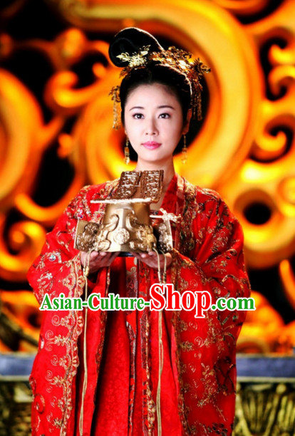 Ancient Chinese Imperial Palace Empress Queen Princess Garment Clothing and Hair Jewelry Complete Set for Wome