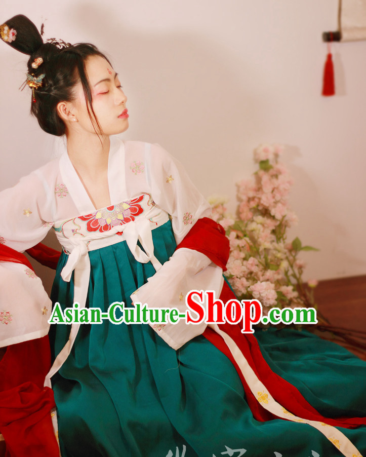 Traditional Chinese Tang Dynasty Hanfu Suits Clothes Dresses Skirt and Hair Jewelry Complete Set for Women