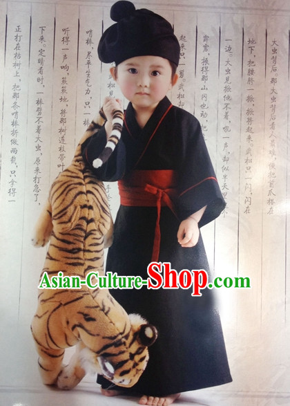Ancient Chinese Style Wu Song Superhero Costumes Clothing and Hat for Kids