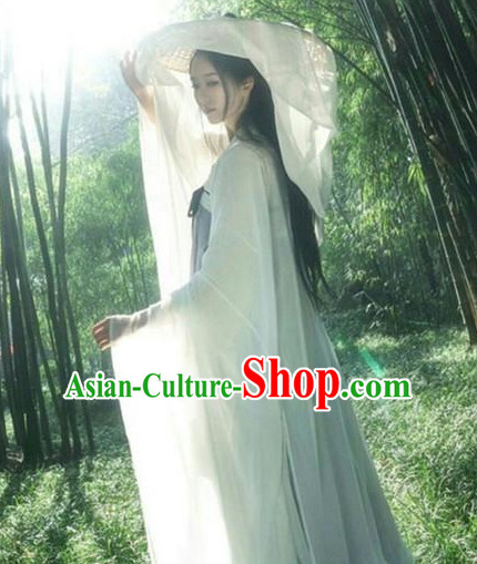 Ancient Chinese Tang Dynasty Style Skirt Clothing and Concial Straw Hat Complete Set for Women
