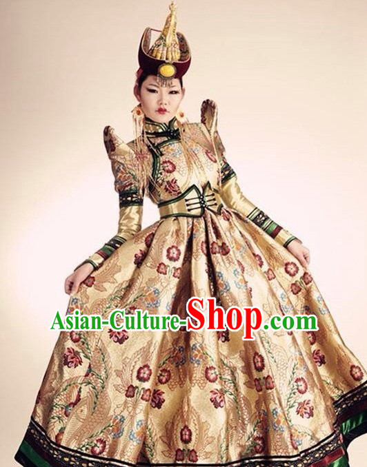 Traditional Mongolian Clothing Ancient Ethnic Princess Clothes and Hat Complete Set for Women