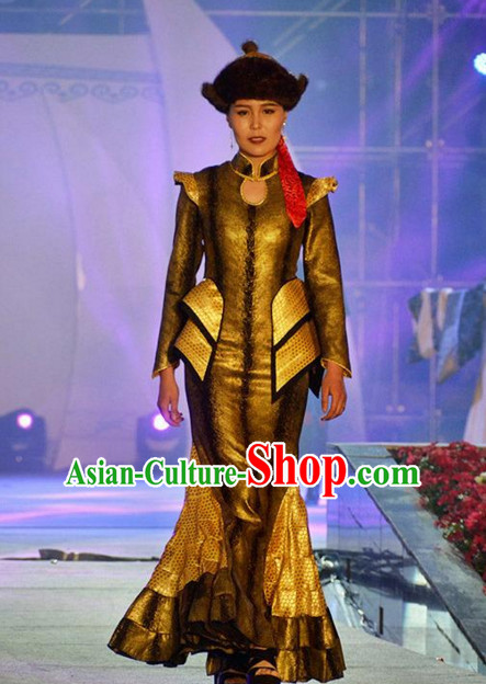 Traditional Mongolian Clothing Ancient Ethnic Princess Dresses and Hat Complete Set for Women