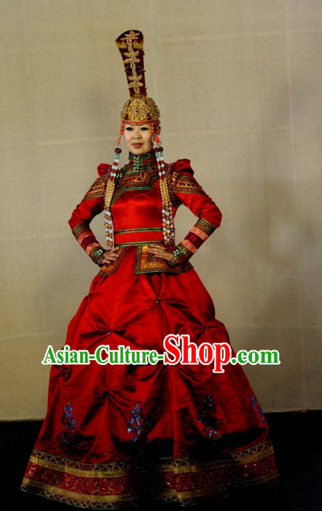 Traditional Mongolian Clothing Ancient Ethnic Queen Dresses and Hat Complete Set for Women
