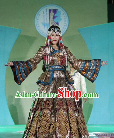 Traditional Mongolian Clothing Ancient Ethnic Queen Garment and Hat Complete Set for Women