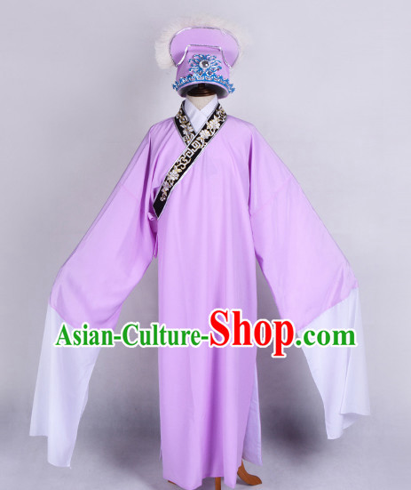 Light Purple Chinese Opera Costumes Huangmei Opera Stage Performance Costume Chinese Traditional Costume Drama Costumes and Hat Complete Set for Men