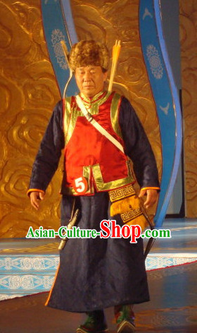 Chinese Traditional Ethnic Mongolian Musician National Costumes Dresses Wear Clothing and Hat Complete Set for Men
