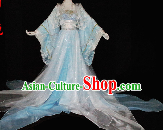 Top Light Blue Chinese Imperial Royal Princess Traditional Wear Queen Dresses Fairy Cosplay Costumes Ideas Asian Cosplay Supplies Complete Set