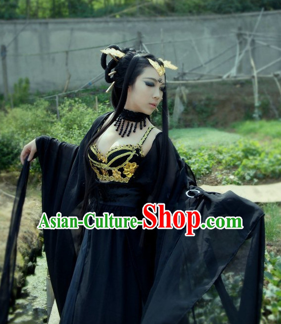 Top Black Chinese Imperial Royal Princess Traditional Wear Queen Dresses Fairy Cosplay Costumes Ideas Asian Cosplay Supplies and Hair Accessories Complete Set