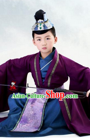 Traditional Chinese Costume Chinese Classical Clothing Garment and Headpieces Complete Set for Kids Boys