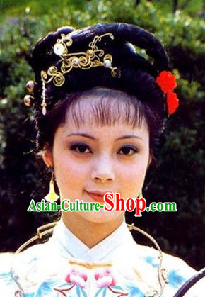 Chinese Ming Dynasty Red Chamber TV Drama Xue Baochai Black Long Wigs and Headwear Headgear Hair Jewelry Hairpieces Set