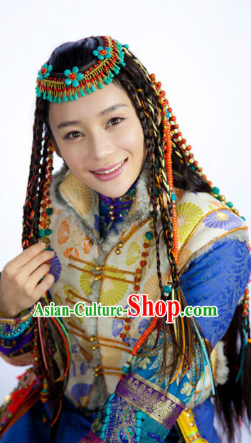 Chinese Qing Mongolian Princess Black Long Wigs and Headwear Headgear Hair Jewelry Hairpieces Set