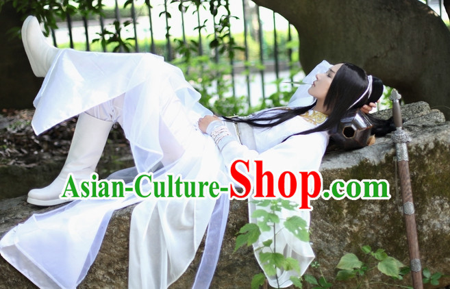 Pure White Chinese Swordsman Hanfu Clothing Theater and Reenactment Costumes Complete Set