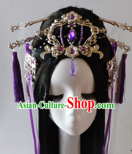 Purple Chinese Classical Fairy Headwear Crowns Hats Headpiece Hair Accessories Jewelry Set