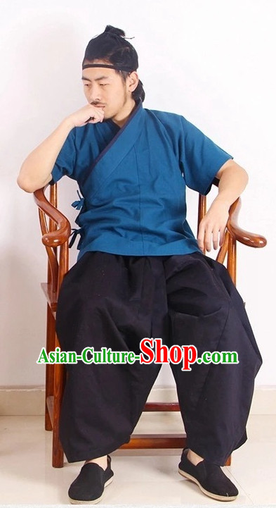 Chinese Ming Dynasty Solider Han Fu Costumes Men Clothing Male Costume and Hat Complete Set