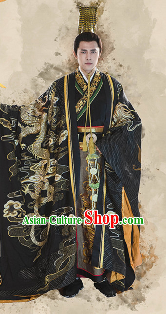 Chinese Traditional Men Emperor Dragon Embroidered Stage Hanfu Costume Dresses Costume Ancient Garment and Headpieces Complete Set