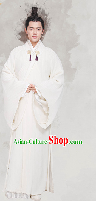 Chinese Ancient Scholar White Hanfu Clothing Garment Complete Set for Men