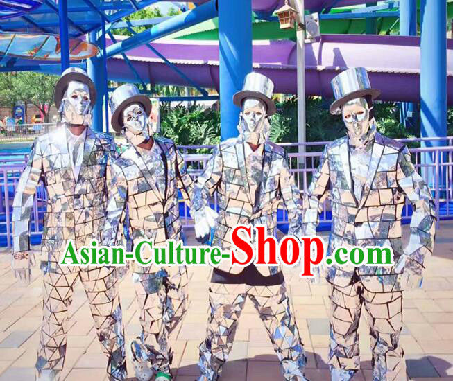 Professional Fancy Costume Silver Mirror People Dance Costumes Dancing Costume Complete Set for Kids Adults Men Boys