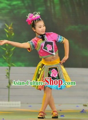 Chinese Minority Dance Costume Dance Costumes Fan Dance Umbrella Ribbon Fans Dance Fan Water Sleeve Costume for Women or Children