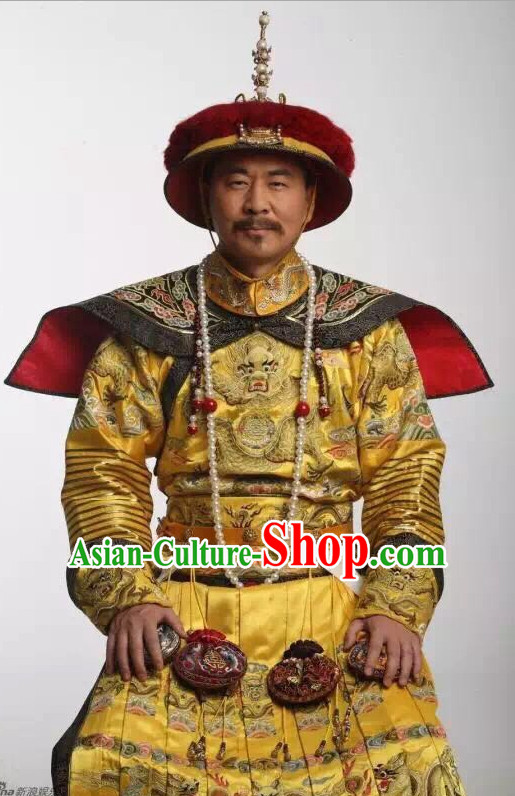 Top China Qing Dynasty Emperor Kang Xi Embroidered Robe Dragon Costumes Complete Set