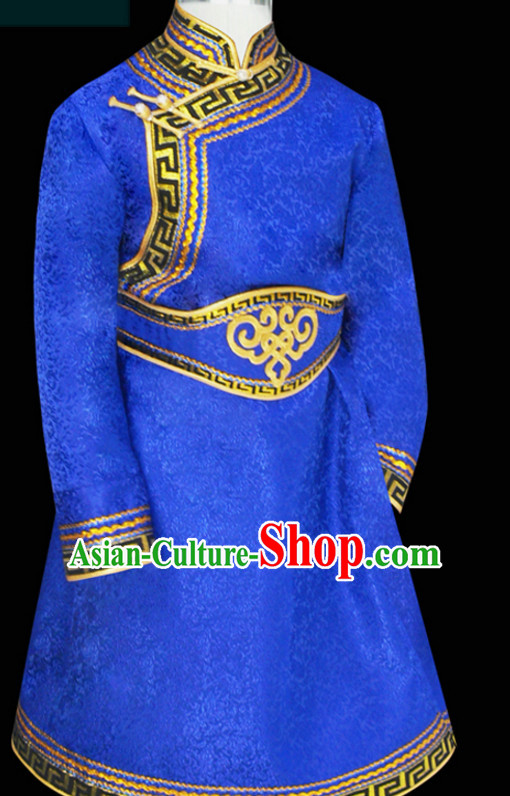 China Mongolian Minority Emperor Mongol Blue Long Robe Mongolia Prince Clothing Ethnic Traditional Costumes Complete Set